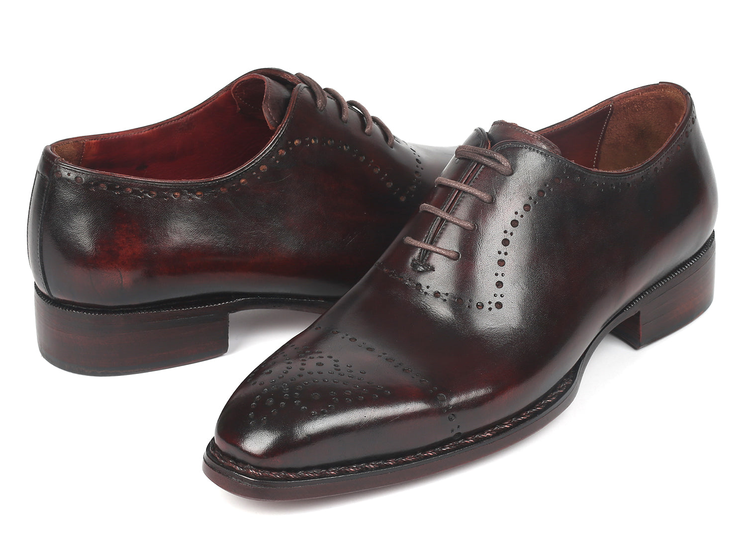 Paul Parkman Dark Bordeaux Goodyear Welted Oxfords showcasing hand-painted leather and elegant design.